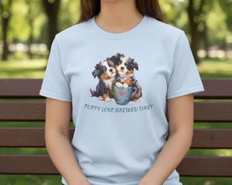 Australian Shepherd Puppies T-Shirt | Watercolor Pup Illustration, Heart Mug