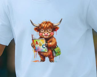 Youth Highland Cow Reading Tee, Artist Calf Illustration, Back-to-School Apparel