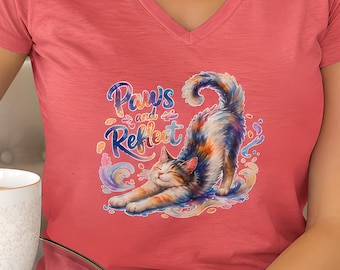 Paws and Reflect Cat Watercolor Design Women's T-Shirt | Relaxing Kitten Illustration