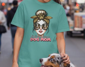 Dog Mom Graphic T-shirt | Messy Bun Sunglasses with Aussie Reflection on Lenses