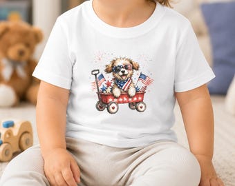 Patriotic Puppy in Wagon Infant Tee | American Flag Fourth of July