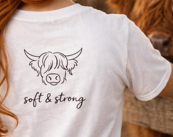 Highland Cow Face T-shirt, Soft & Strong, Minimal Line Art, Front and Back Graphic