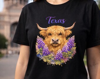 Texas Highland Cow T-Shirt | Bluebonnet Floral Illustration
