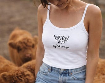 Highland Cow Sketch Tank Top | Soft & Strong text, Minimalist Cow Illustration