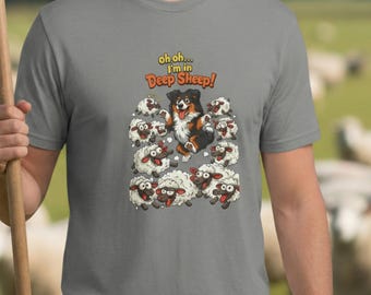 Australian Shepherd Dog Sheep Cartoon T-Shirt, Funny Pet Illustration Tee