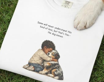 Adorable Australian Shepherd T-Shirt: Kid & Dog Hugging Graphic with Quote