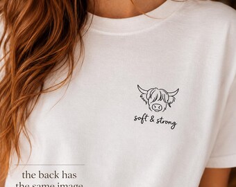 Highland Cow Face T-shirt, Soft & Strong, Minimal Line Art, Front and Back Graphic