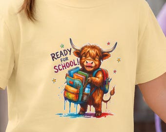 Youth Highland Cow Back-to-School T-Shirt, Garment-Dyed Comfort Colors Tee