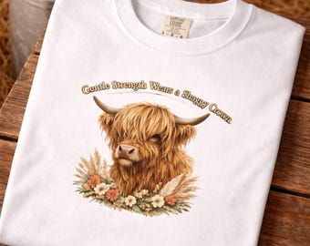 Highland Cow Floral Illustration T-shirt | Scottish Cattle Animal Art