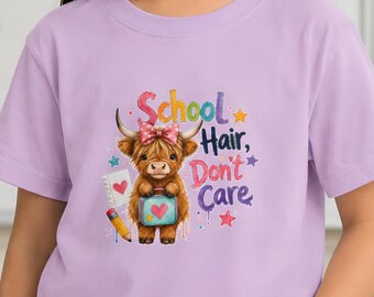 Youth Highland Cow Tee, School Hair Don't Care Graphic Shirt