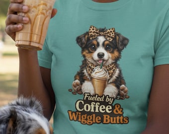 Camiseta de pastor australiano y frappuccino, camiseta para amantes de los perros con traseros ondulados