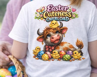 Easter Highland Cow Kids Tee, Easter eggs, Spring Farm Animal Design