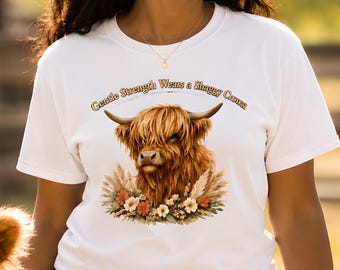 Highland Cow Floral Illustration T-shirt | Scottish Cattle Animal Art