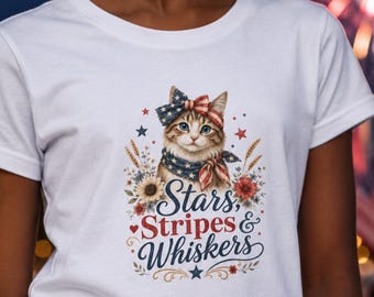 Stars Stripes & Whiskers Youth Tee | Patriotic Cat Graphic