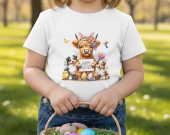 Highland Cow with Australian Shepherd Puppies & Flowers Toddler Tee | Spring Easter Kids Shirt