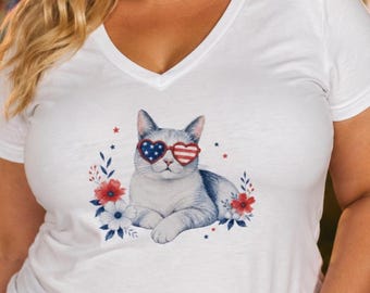 Patriotic Cat with American Flag Sunglasses Ladies V-Neck T-Shirt | 4th of July