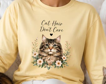 Cat Hair Don't Care Cat Portrait Long Sleeve Unisex Shirt | Floral Kitten Tee