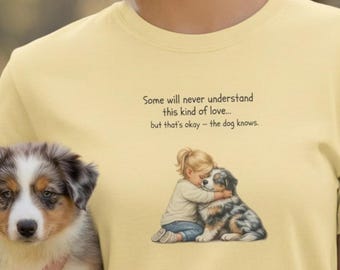 Australian Shepherd Girl Hugging Dog Boxy Tee, Vintage Animal Illustration