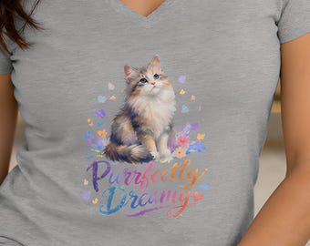 Purrfectly Dreamy Cat Ladies' V-Neck Shirt, Watercolor Kitten, Pastel Hearts