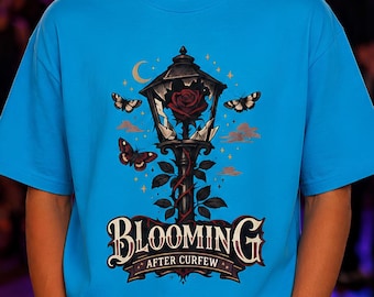Adult/Teen Blooming After Curfew T-Shirt, Rose Lantern Night Sky Graphic, Halloween Bats