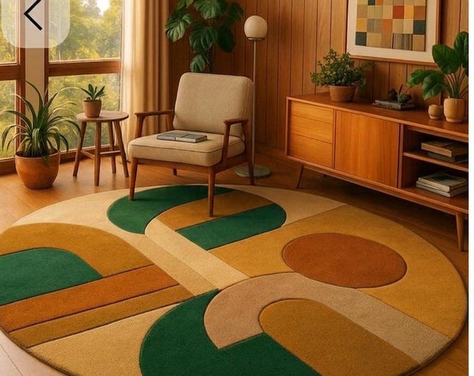 Mid Century Modern Round Rug - Hand Tufted Geometric Area Rug - 70s Retro Style Circle Carpet -Large Abstract Wool Rug for Living Room Decor