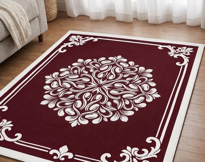 Hand-Tufted Wool Medallion Area Rug – Burgundy Floral Damask Carpet Home decor