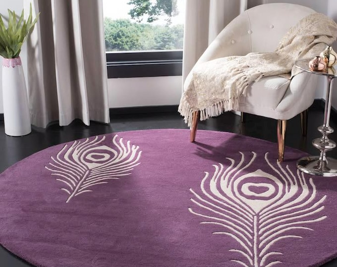 Hand Tufted Wool Round Rug – Purple Ivory Peacock Feather Design