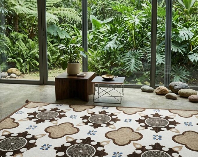 Handmade Modern Boho Area Rug - Mid-Century Floral Sunburst Wool Carpet -Large Neutral Cream & Brown Rug for Living Room Bedroom Floor Decor