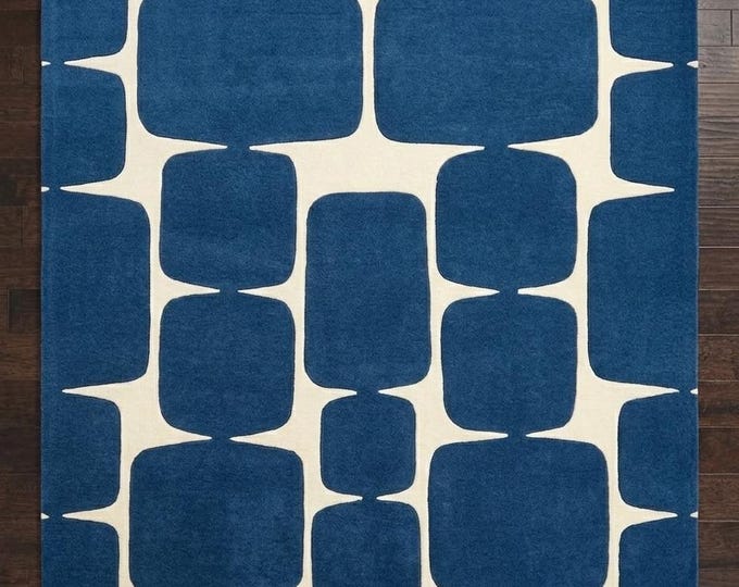 Blue Geometric Hand-Tufted Wool Rug | Mid Century Modern Living Room Area Rug
