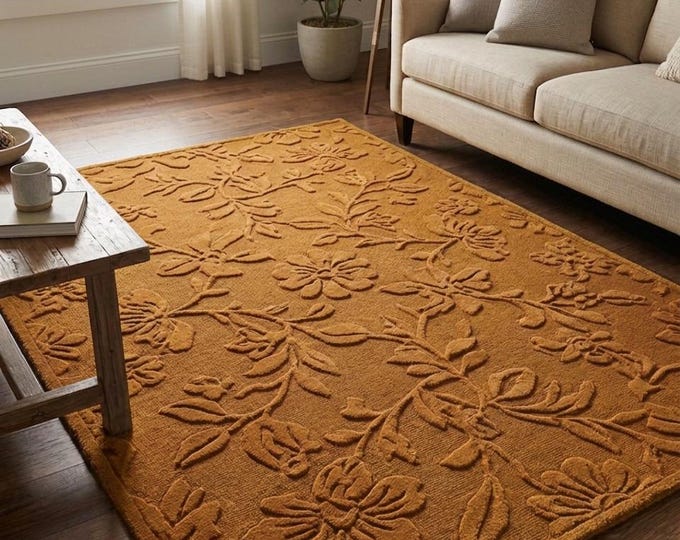 Luxury 3D Floral Hand-Tufted Rug |15-20mm High Pile Textured Carpet |Deep Indigo Blue Hand-Carved Area Rug | Loop & Cut Pile Custom Wool Rug
