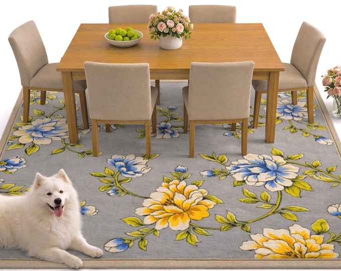 Luxury Hand-Tufted Wool Rug 8x10 ft, Floral Pattern, Blue Yellow Gray, Soft Area Carpet
