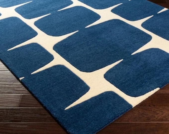 Blue Geometric Hand-Tufted Wool Rug | Mid Century Modern Living Room Area Rug