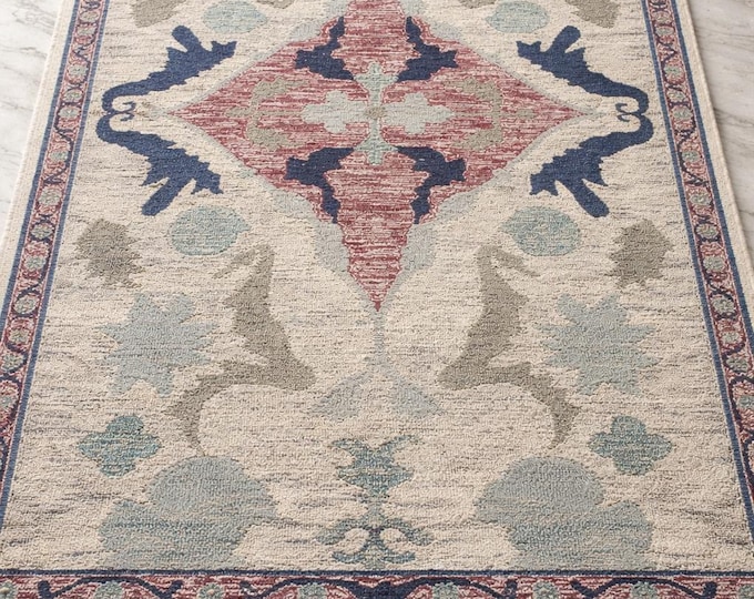 Tufted Area Rug 5x8 Affordable Geometric Medallion Carpet for Living Room - Budget Friendly Grey & blue multi Wool Rug Decor - Low Cost