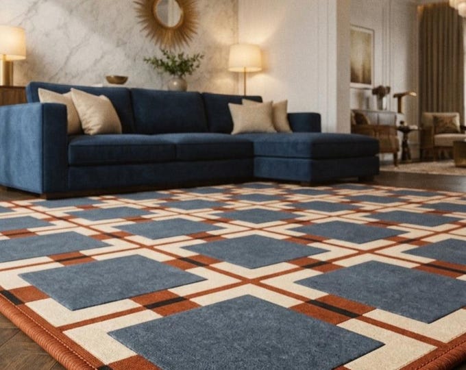 Blue Terracotta Geometric Wool Rug – Hand-Tufted Mid-Century Modern Carpet