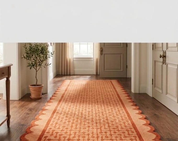 Hand Tufted Wool Runner – Scalloped Geometric Terracotta Peach Hallway Rug