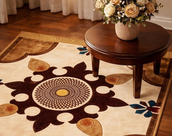 Handmade Modern Boho Area Rug - Mid-Century Floral Sunburst Wool Carpet -Large Neutral Cream & Brown Rug for Living Room Bedroom Floor Decor