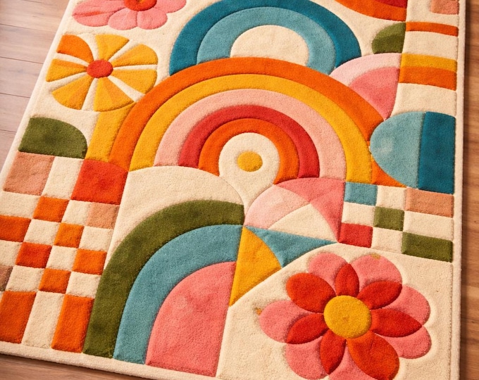 Retro Geometric Shag Rug – Mid Century Wool Area Carpet, Funky & Kid  Home Decor