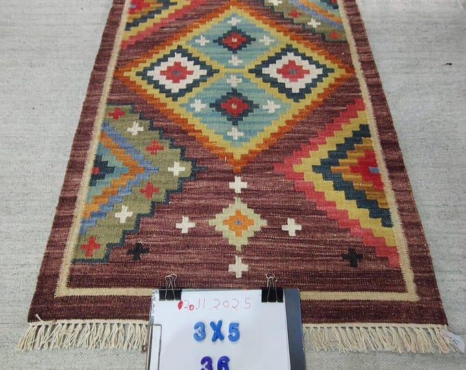 Handwoven Wool Kilim Rug 4x6, Colorful Geometric Indian Dhurrie, Red Blue Boho Area Rug, Flatweave Tribal Carpet for Living Room, Bedroom