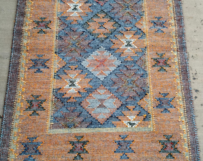 Handwoven Wool Kilim Rug 4x6, Colorful Geometric Indian Dhurrie, Gold Blue Boho Area Rug, Flatweave Tribal Carpet for Living Room, Bedroom