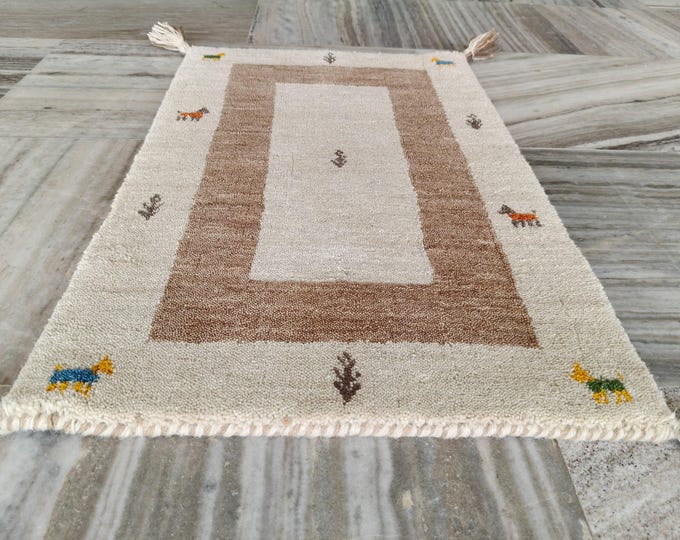 Hand-Woven Wool Handloom Gabbeh Rug – Tribal Animal Motif, Boho Nursery Mat Carpets