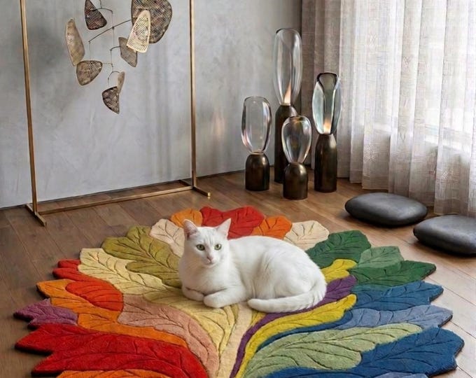 Hand-Tufted Wool Leaf Rug – Modern Boho Abstract Sunburst Carpet