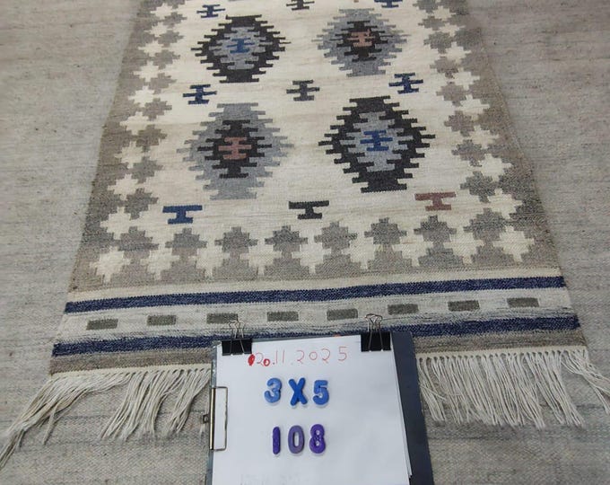 Handwoven Wool Kilim Rug 4x6, Colorful Geometric Indian Dhurrie, Cream Blue Boho Area Rug, Flatweave Tribal Carpet for Living Room, Bedroom