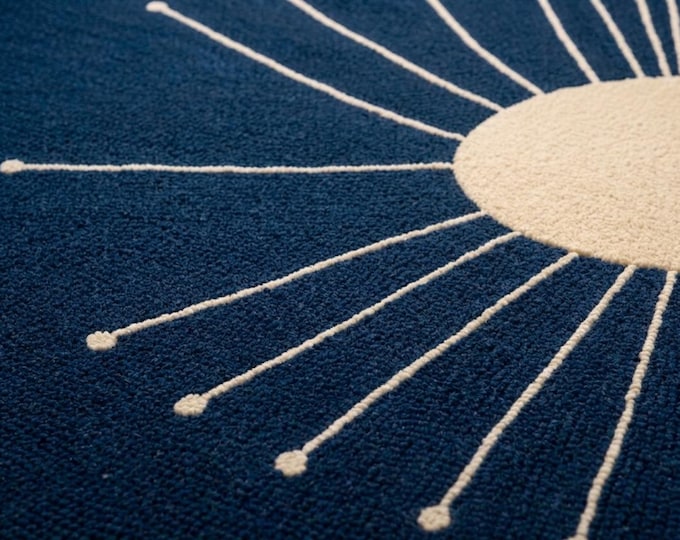 Navy Blue Sunburst Round Rug | Mid-Century Modern Geometric Area Carpet