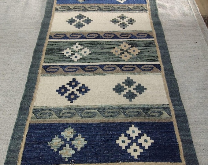 Handwoven Wool Kilim Rug 4x6, Colorful Geometric Indian Dhurrie, Blue Gold Boho Area Rug, Flatweave Tribal Carpet for Living Room, Bedroom