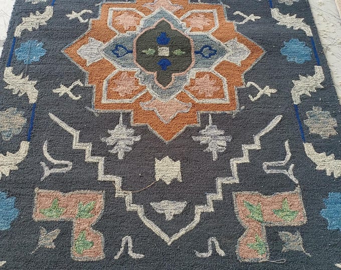Tufted Area Rug 5x8 Affordable Geometric Medallion Carpet for Living Room - Budget Friendly Dark Grey & Orange Wool Rug Decor - Low Cost