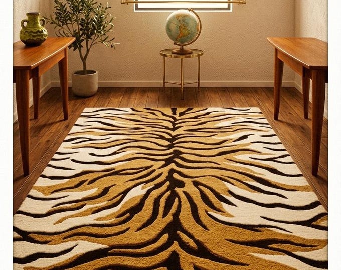 Retro Tiger Stripe Shag Rug, 70s Wavy Animal Print Carpet, Mid-Century Modern Home Decor