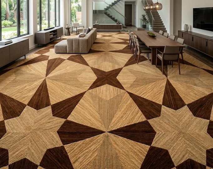 Star Hand-Tufted Star Pattern Wool Rug – Geometric Brown Beige Mid-Century Modern Carpet