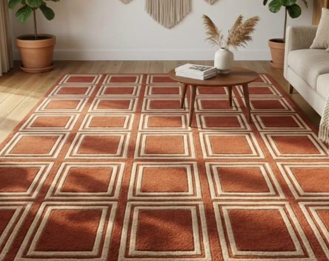 Rust Orange Geometric Wool Rug – Hand-Tufted Mid-Century Modern Carpet