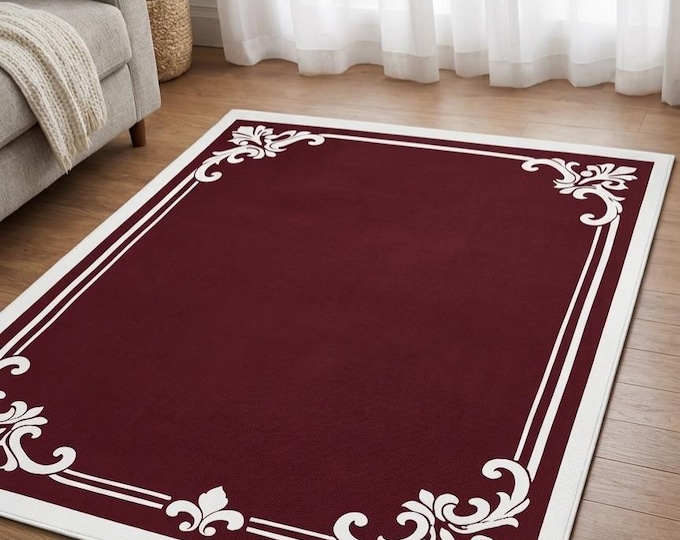 Hand-Tufted Wool Medallion Area Rug – Burgundy Floral Damask Carpet Home decor