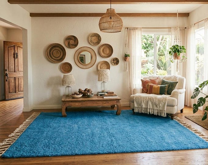 Mid Century Modern Blue Carpet, Hand Knotted Tufted Wool Rug, Vibrant Blue Textured Rug, Cozy Bedroom Rug, Premium Quality Handwoven Rug